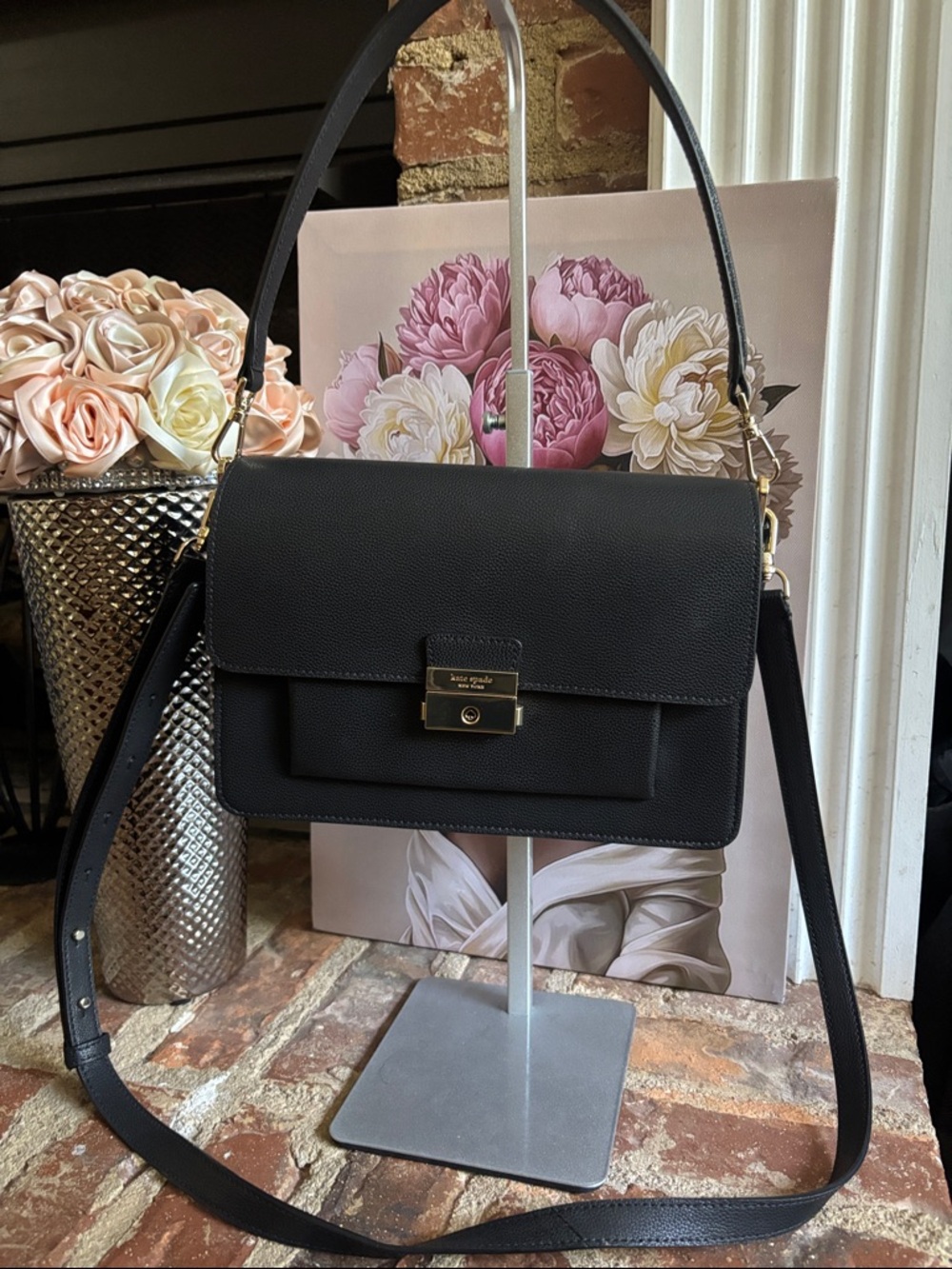 kate spade black leather flap satchel with gold hardware